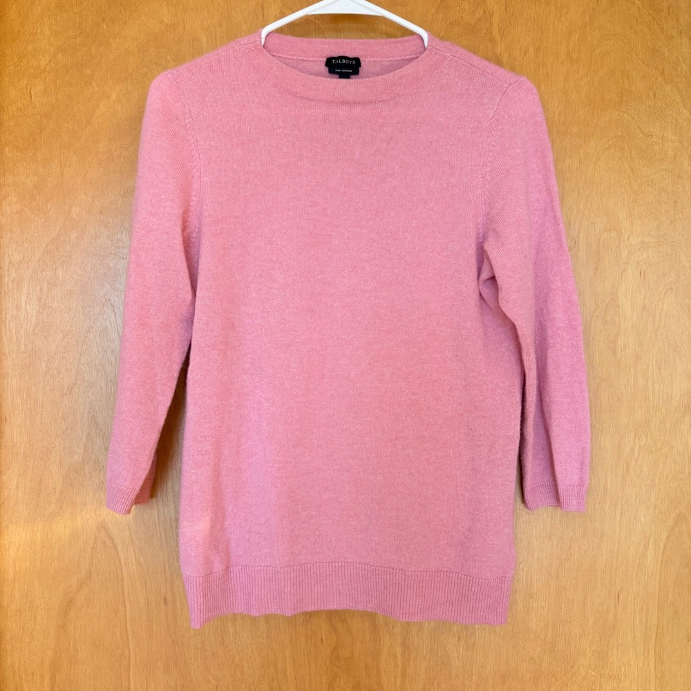 Talbots Cashmere Sweater Womens Medium Pink 3/4 Sleeve Crewneck‎ Pullover